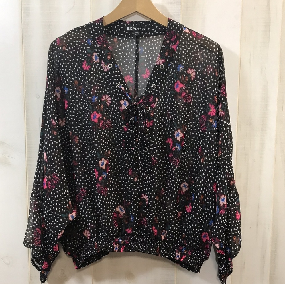 Express Polka Dot Floral Tie Front Blouse S Dolman